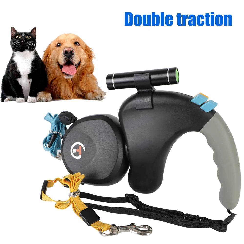 Dual Dog Rope Leash Pet Traction Rope Belt Retractable with Light Double Pet Supplies Rotation Pet Rope for 2 Dogs Walking